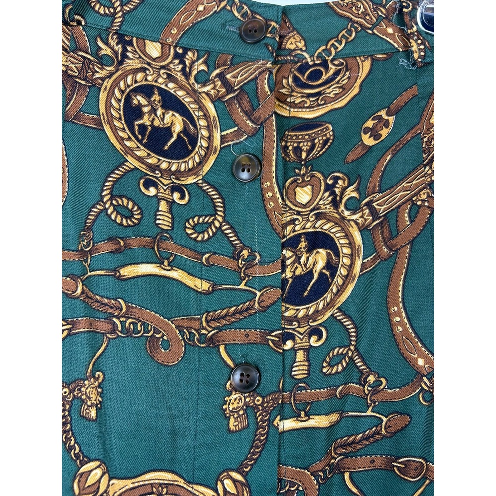Vintage Collin Creek Equestrian Horse Button Front Maxi Skirt 12 Green Gold - Picture 2 of 5